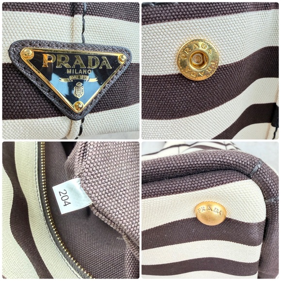 Prada Canapa Tote Chocolate Brown & Ivory Stripes w Strap + Dust Bags - Picture 15 of 17